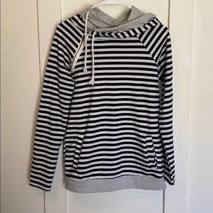 Double hooded navy and white striped sweatshirt